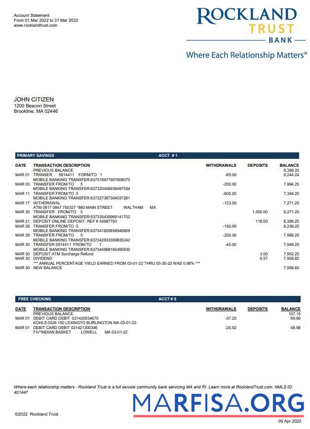 Blank USA Massachusets Rockland Trust bank statement word example